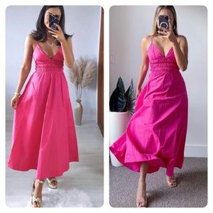 Zara Voluminous Midi Dress Pink Poplin Spaghetti Strap Smocked Waist M
